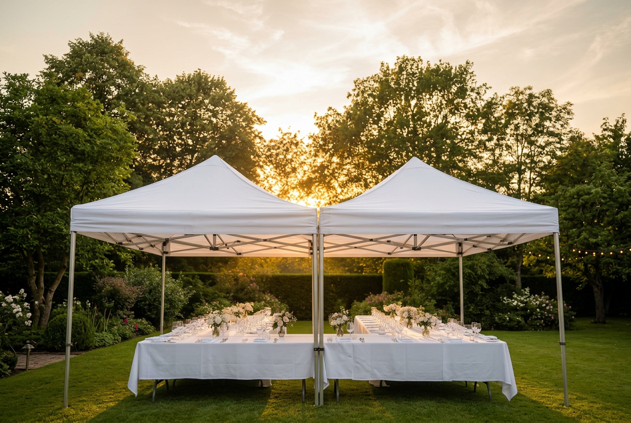 Dos carpas plegables blancas unidas formando un módulo más grande sobre una mesa banquete en un jardín al atardecer