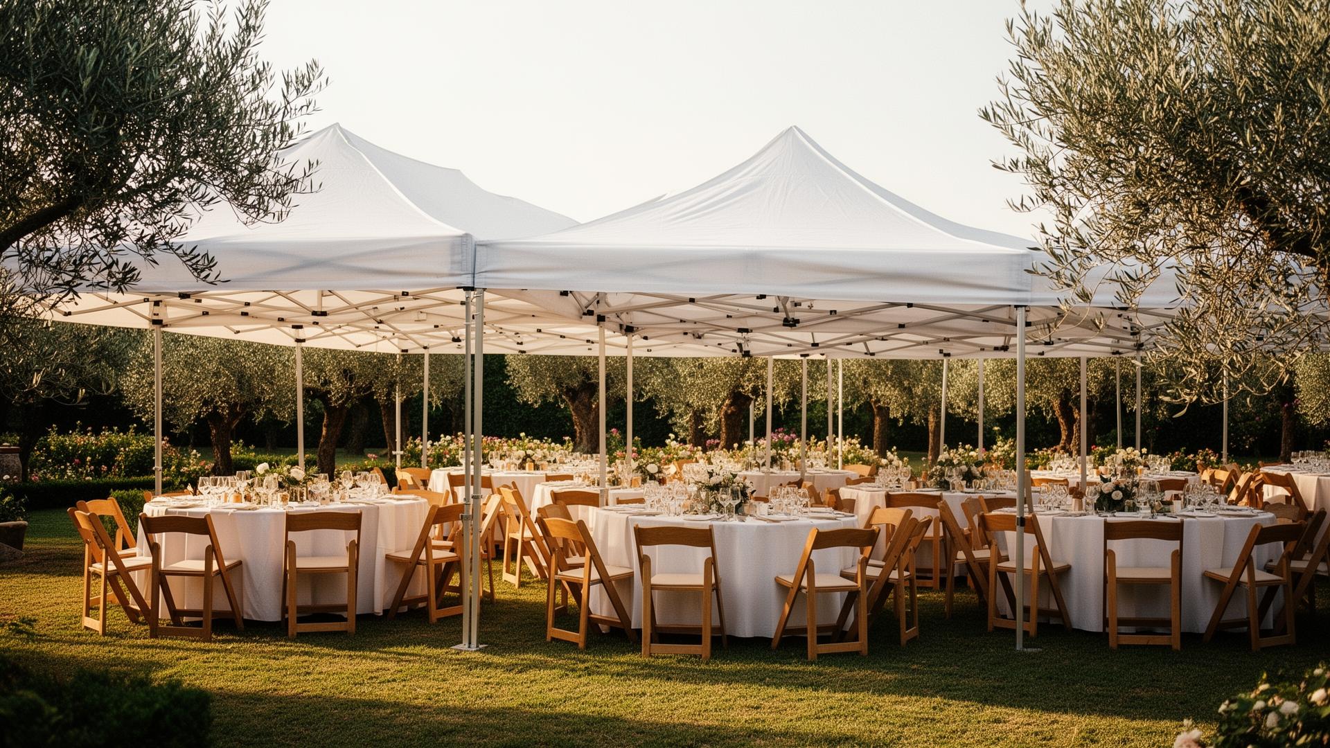 Conjunto de carpas plegables blancas unidas formando un módulo grande en un jardín de olivos con mesas preparadas para una celebración